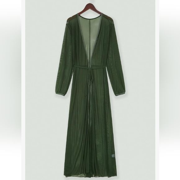 Army Green Sheer Floor Length Robe Long Moss Olive Maxi Dress Layer Deep V New - Picture 2 of 10